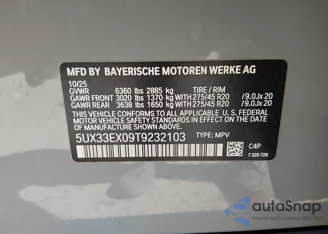 2026 BMW X6 xDrive40I z USA, uszkodzony, nr VIN 5UX33EX09T9232103